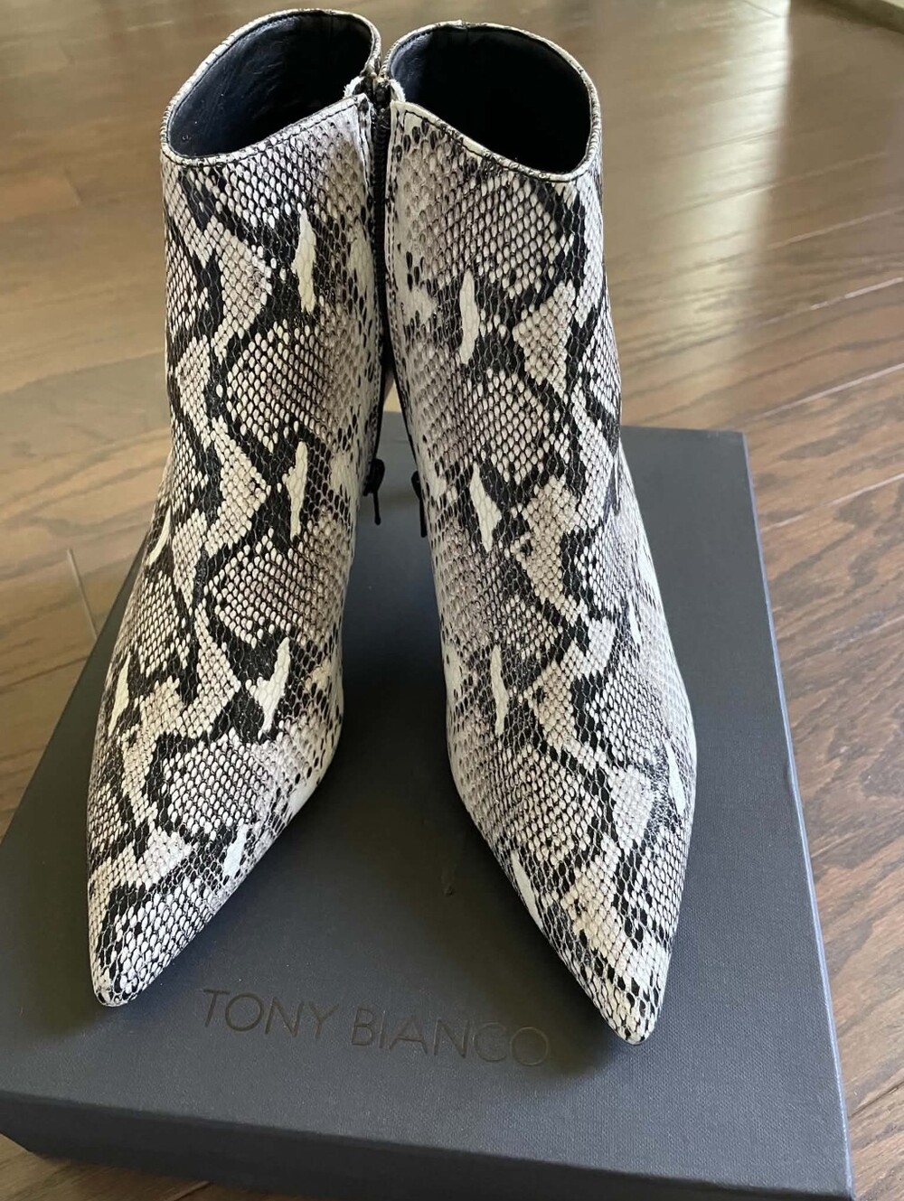 Tony Bianco Snake-Print Pointed Ankle Boots in Black and Cream